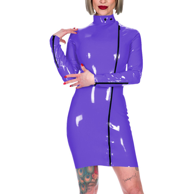 Chic Latex-look Bodycon Mini Dress High Neck Slim Party Club Leather PVC Dress Womens Elegant Front Zipper Skinny Dress Fetish