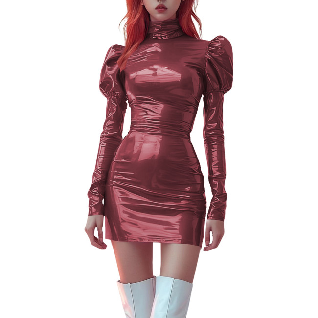 High Neck Bodycon PVC Vinyl Leather Mini Dress for Womens Party Puff Long Sleeve Tight Dress Ladies Stretchy Fashion Short Dress