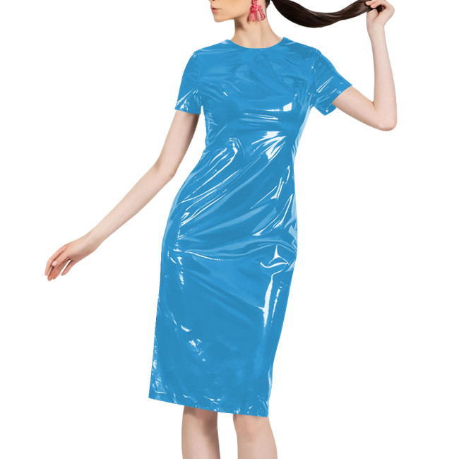 Women Shiny Patent Leather O-neck Dress Glossy PVC Stretch Knee-length Casual Dresses Wetlook Streetwear Going Out Slim Clothing