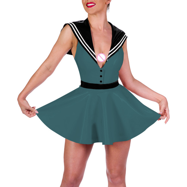 Lady Sailor Collar Sexy Mini Dress Glossy Leather PVC Preppy Style Lolita A-line Dress Womens Party Cosplay Navy Short Dresses