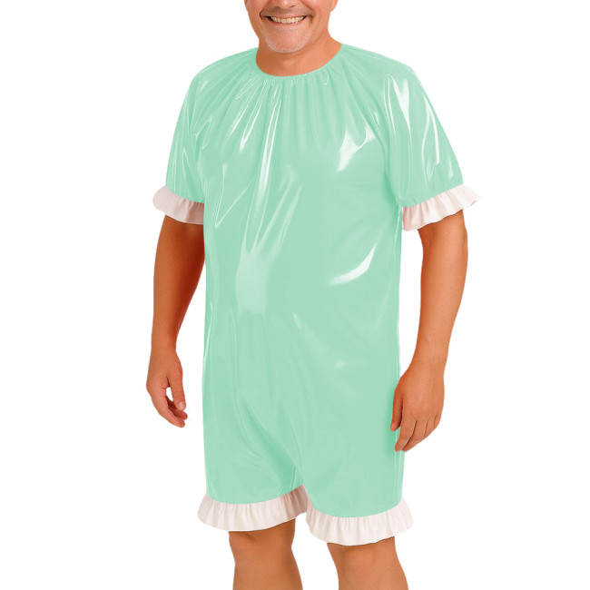 Men's Short Sleeve Wetlook Bodysuit with Ruffles Hem Glossy PVC Leather Cosplay Romper Eoxitc Lingerie Party Cosplay Uniform