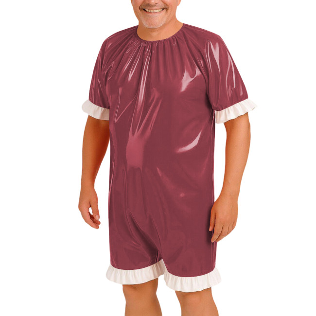 Men's Short Sleeve Wetlook Bodysuit with Ruffles Hem Glossy PVC Leather Cosplay Romper Eoxitc Lingerie Party Cosplay Uniform