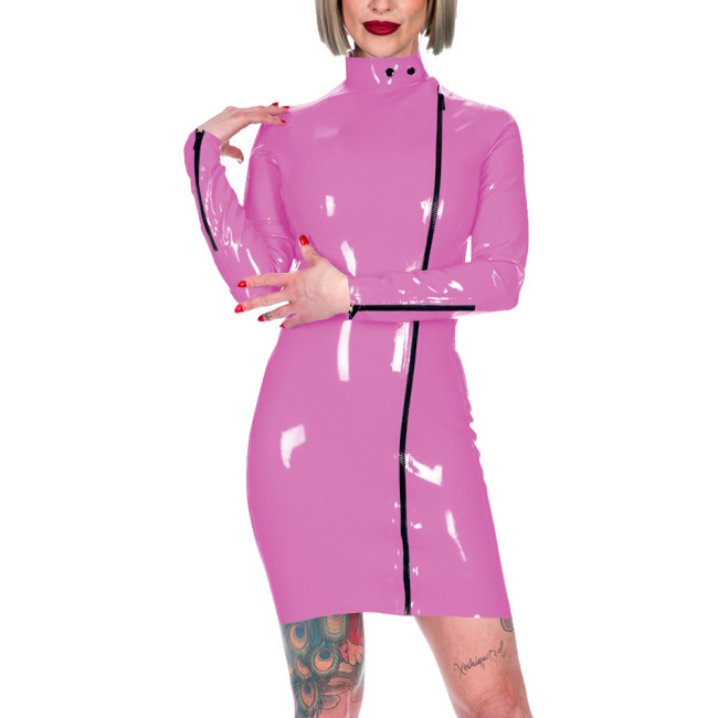 Chic Latex-look Bodycon Mini Dress High Neck Slim Party Club Leather PVC Dress Womens Elegant Front Zipper Skinny Dress Fetish