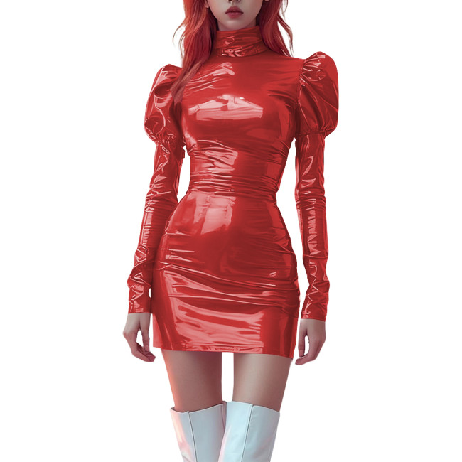 High Neck Bodycon PVC Vinyl Leather Mini Dress for Womens Party Puff Long Sleeve Tight Dress Ladies Stretchy Fashion Short Dress