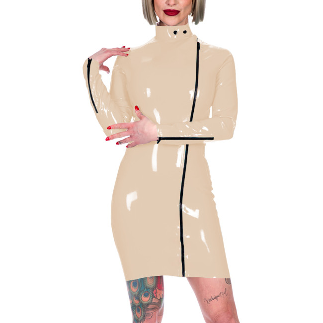 Chic Latex-look Bodycon Mini Dress High Neck Slim Party Club Leather PVC Dress Womens Elegant Front Zipper Skinny Dress Fetish