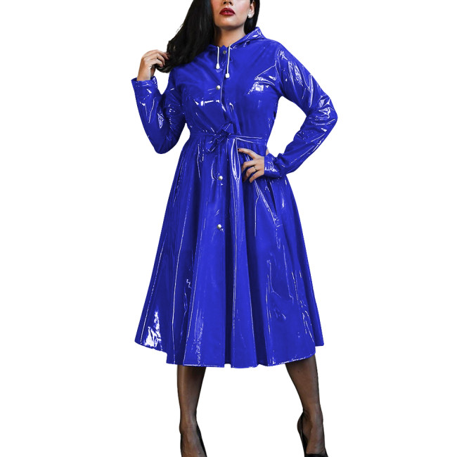 Plus Size Women's Midi Hood Dress Vinyl PVC Leather Long Sleeve Button Up A-Line Maxi Dresses Office Pleated Large-Hem Dresses