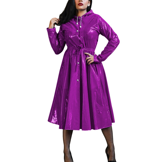 Plus Size Women's Midi Hood Dress Vinyl PVC Leather Long Sleeve Button Up A-Line Maxi Dresses Office Pleated Large-Hem Dresses