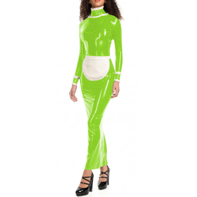 Wet Look Halloween Maid Dress Outfits Sissy High Neck Long Pencil Dress with Full Zipper Vinyl PVC Leather Cosplay Maid Dresses
