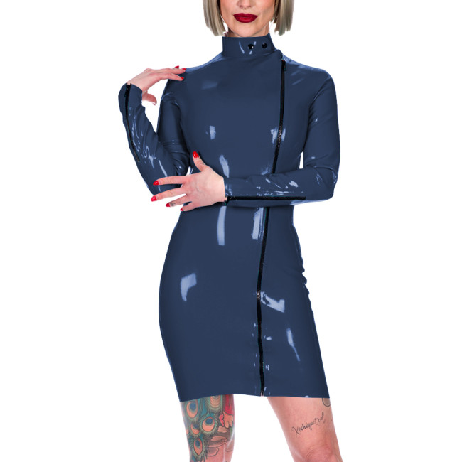 Chic Latex-look Bodycon Mini Dress High Neck Slim Party Club Leather PVC Dress Womens Elegant Front Zipper Skinny Dress Fetish