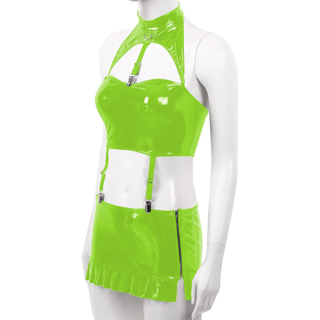 Sexy PVC Leather Dress Sets for Womens Wetlook Halter Neck Bra Crop Top Garter Belt Mini Skirt Rave Party Outfits Exotic Costume