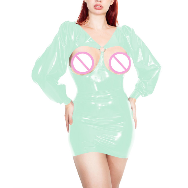 Sexy Erotic Open Cups Skinny Mini Dress with O-ring Detail Wetlook PVC Leather Puff Long Sleeves Tight Club Dress Novelty Dress