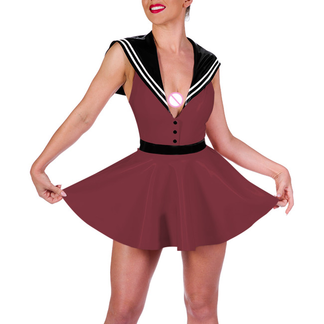 Lady Sailor Collar Sexy Mini Dress Glossy Leather PVC Preppy Style Lolita A-line Dress Womens Party Cosplay Navy Short Dresses