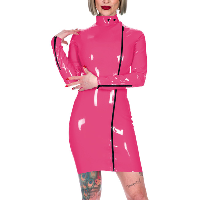 Chic Latex-look Bodycon Mini Dress High Neck Slim Party Club Leather PVC Dress Womens Elegant Front Zipper Skinny Dress Fetish