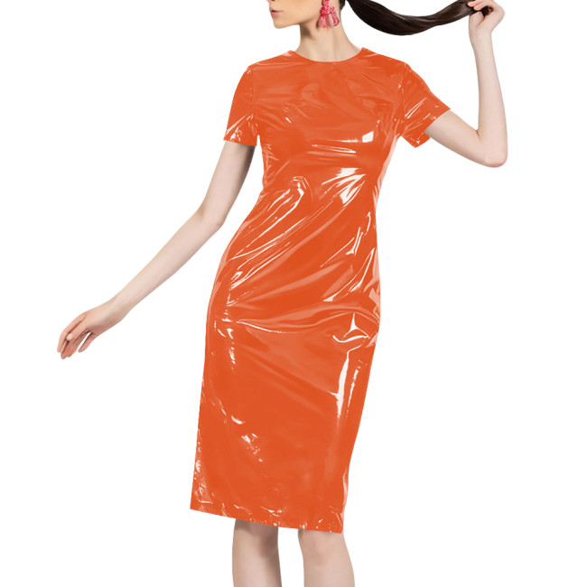 Women Shiny Patent Leather O-neck Dress Glossy PVC Stretch Knee-length Casual Dresses Wetlook Streetwear Going Out Slim Clothing