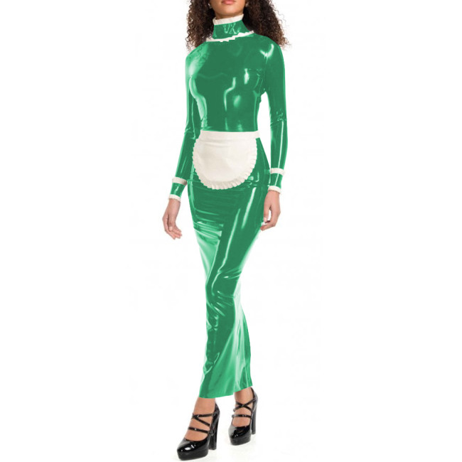 Wet Look Halloween Maid Dress Outfits Sissy High Neck Long Pencil Dress with Full Zipper Vinyl PVC Leather Cosplay Maid Dresses