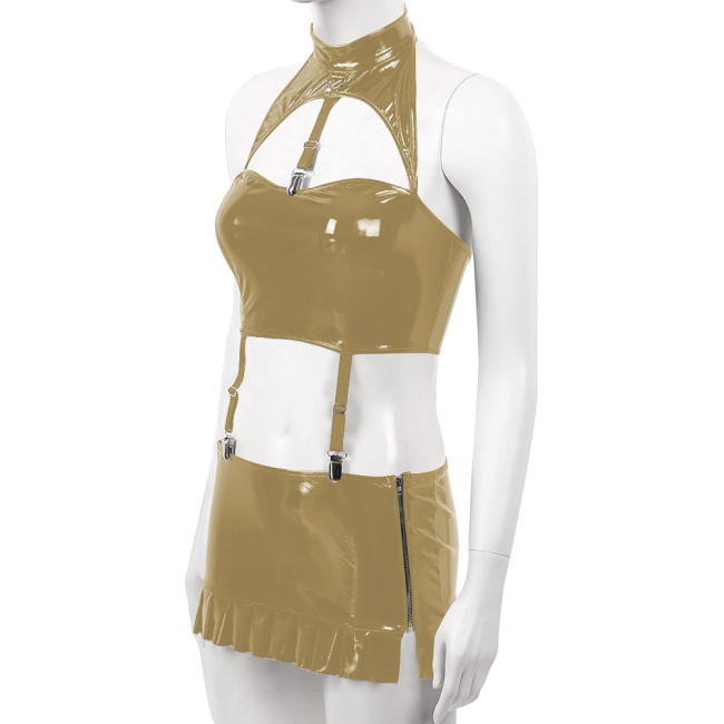 Sexy PVC Leather Dress Sets for Womens Wetlook Halter Neck Bra Crop Top Garter Belt Mini Skirt Rave Party Outfits Exotic Costume