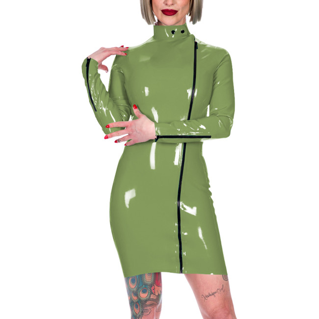 Chic Latex-look Bodycon Mini Dress High Neck Slim Party Club Leather PVC Dress Womens Elegant Front Zipper Skinny Dress Fetish