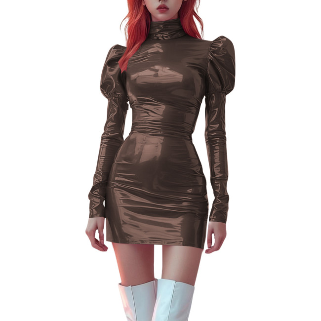 High Neck Bodycon PVC Vinyl Leather Mini Dress for Womens Party Puff Long Sleeve Tight Dress Ladies Stretchy Fashion Short Dress