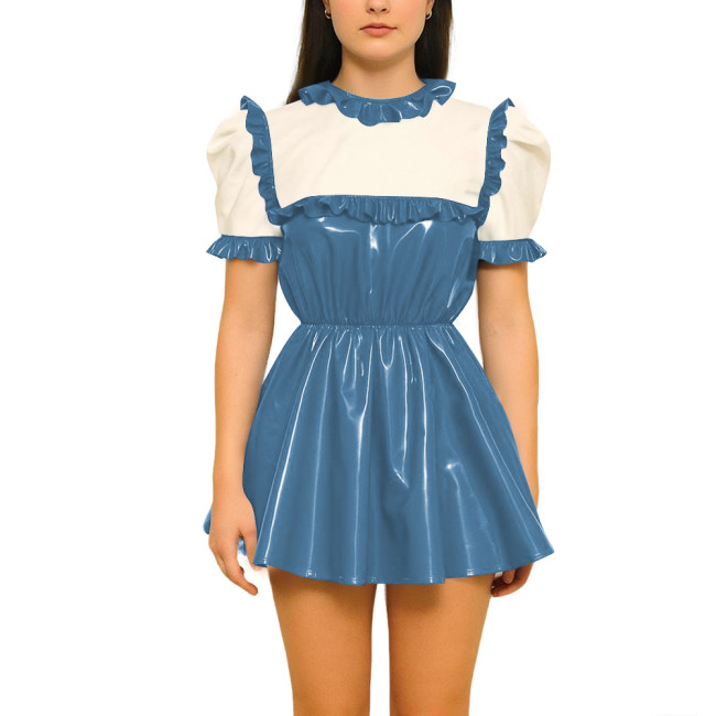 Patchwork Ruffled Latex-look PVC Mini Dress Sweet Puff Short Sleeves High Waist A-line Dress Retro Maid Style Pleated Mini Dress