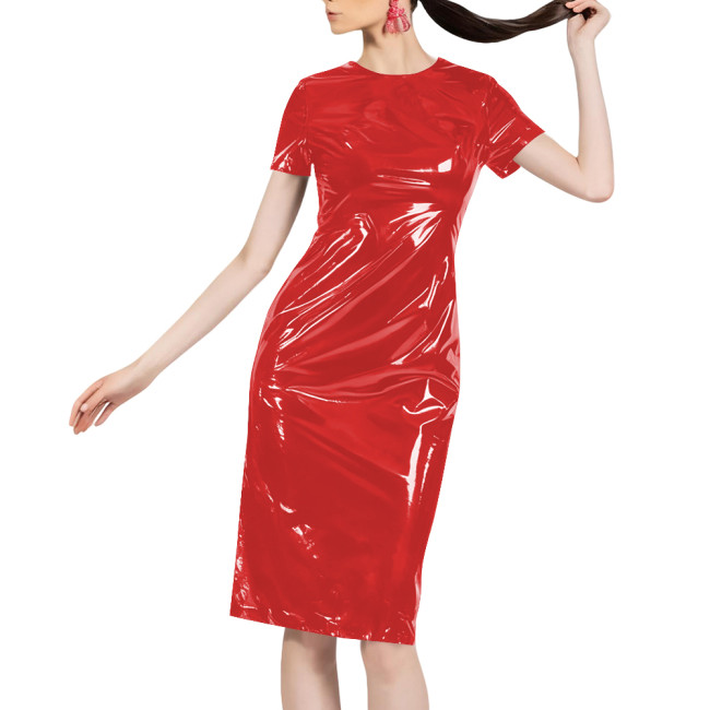 Women Shiny Patent Leather O-neck Dress Glossy PVC Stretch Knee-length Casual Dresses Wetlook Streetwear Going Out Slim Clothing