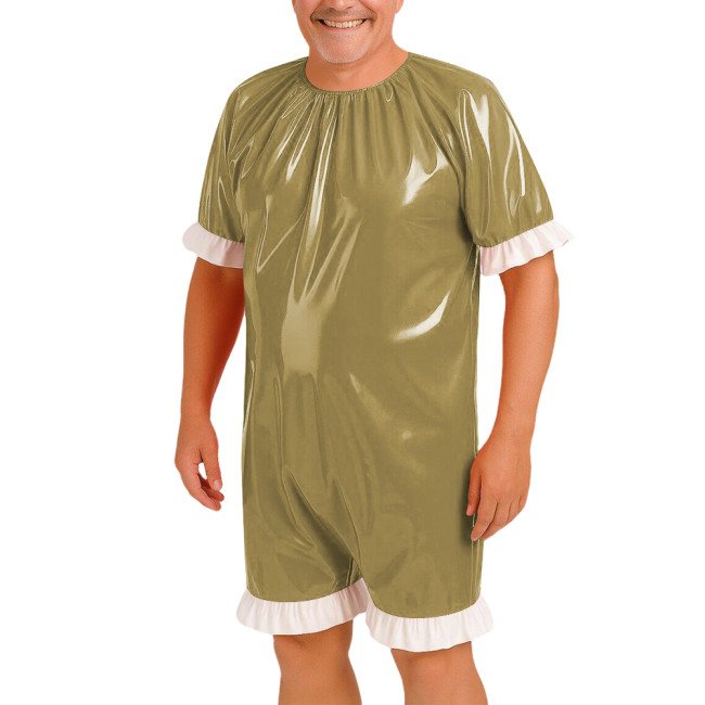 Men's Short Sleeve Wetlook Bodysuit with Ruffles Hem Glossy PVC Leather Cosplay Romper Eoxitc Lingerie Party Cosplay Uniform