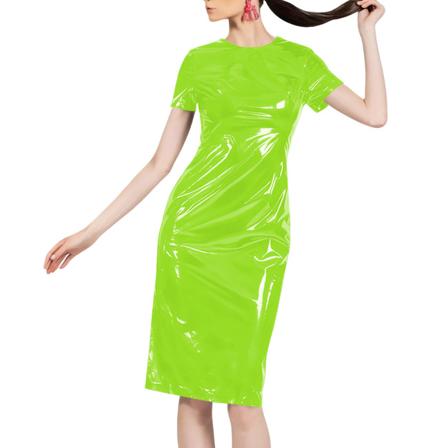 Women Shiny Patent Leather O-neck Dress Glossy PVC Stretch Knee-length Casual Dresses Wetlook Streetwear Going Out Slim Clothing