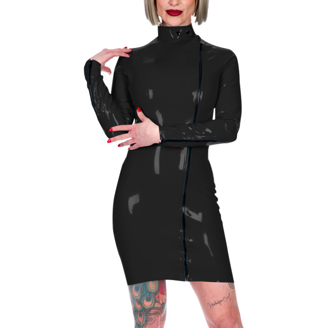 Chic Latex-look Bodycon Mini Dress High Neck Slim Party Club Leather PVC Dress Womens Elegant Front Zipper Skinny Dress Fetish