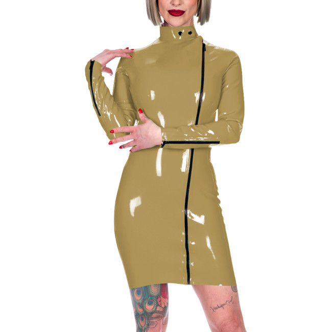 Chic Latex-look Bodycon Mini Dress High Neck Slim Party Club Leather PVC Dress Womens Elegant Front Zipper Skinny Dress Fetish