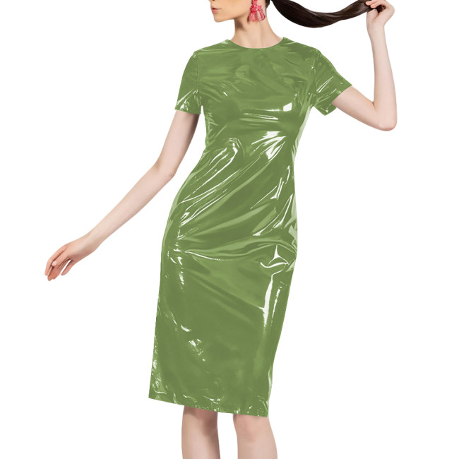 Women Shiny Patent Leather O-neck Dress Glossy PVC Stretch Knee-length Casual Dresses Wetlook Streetwear Going Out Slim Clothing