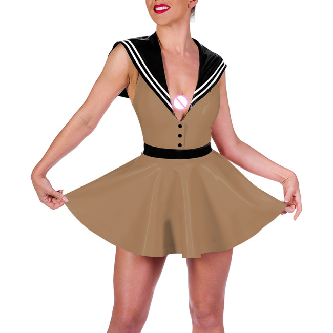 Lady Sailor Collar Sexy Mini Dress Glossy Leather PVC Preppy Style Lolita A-line Dress Womens Party Cosplay Navy Short Dresses