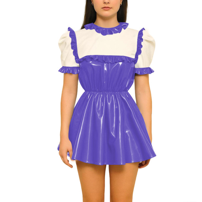 Patchwork Ruffled Latex-look PVC Mini Dress Sweet Puff Short Sleeves High Waist A-line Dress Retro Maid Style Pleated Mini Dress