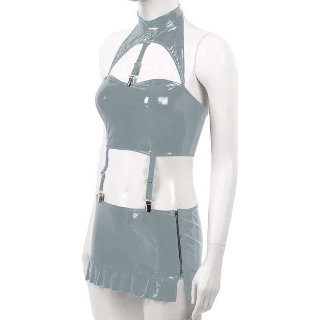 Sexy PVC Leather Dress Sets for Womens Wetlook Halter Neck Bra Crop Top Garter Belt Mini Skirt Rave Party Outfits Exotic Costume