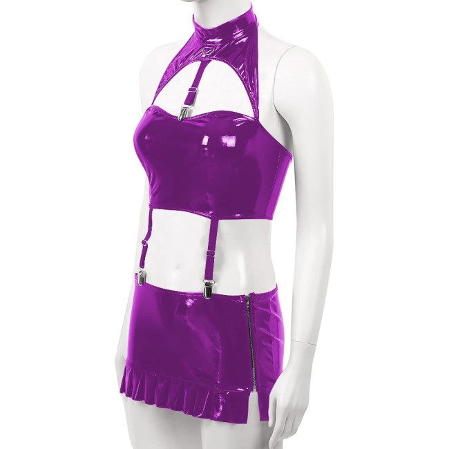 Sexy PVC Leather Dress Sets for Womens Wetlook Halter Neck Bra Crop Top Garter Belt Mini Skirt Rave Party Outfits Exotic Costume