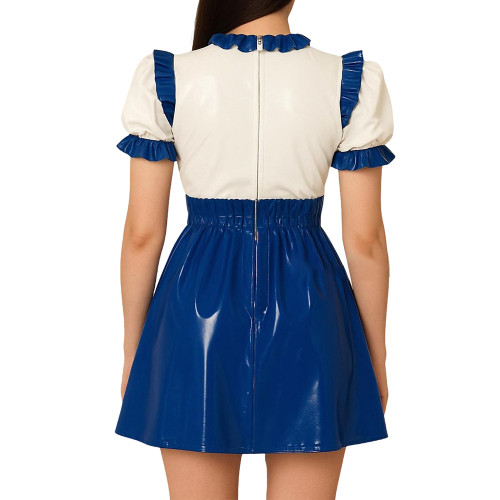 Patchwork Ruffled Latex-look PVC Mini Dress Sweet Puff Short Sleeves High Waist A-line Dress Retro Maid Style Pleated Mini Dress