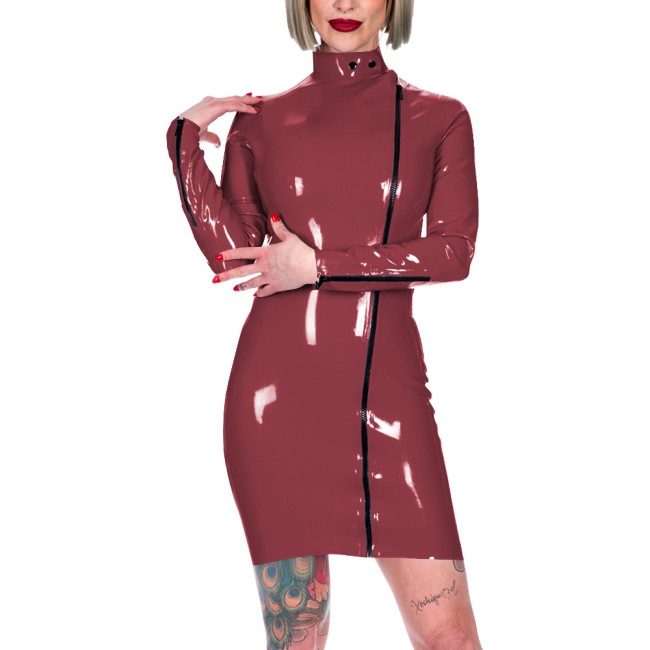 Chic Latex-look Bodycon Mini Dress High Neck Slim Party Club Leather PVC Dress Womens Elegant Front Zipper Skinny Dress Fetish