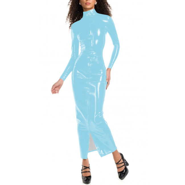 Women Bodycon High Neck Full Zip Long Dress Formal Elegant Skinny Dress Long Sleeve Vinyl PVC Leather Tight Party Club Dresses