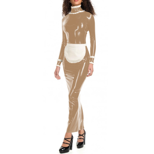 Wet Look Halloween Maid Dress Outfits Sissy High Neck Long Pencil Dress with Full Zipper Vinyl PVC Leather Cosplay Maid Dresses