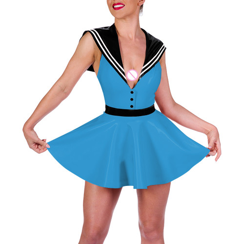 Lady Sailor Collar Sexy Mini Dress Glossy Leather PVC Preppy Style Lolita A-line Dress Womens Party Cosplay Navy Short Dresses