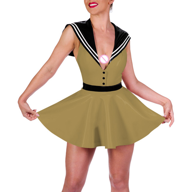 Lady Sailor Collar Sexy Mini Dress Glossy Leather PVC Preppy Style Lolita A-line Dress Womens Party Cosplay Navy Short Dresses