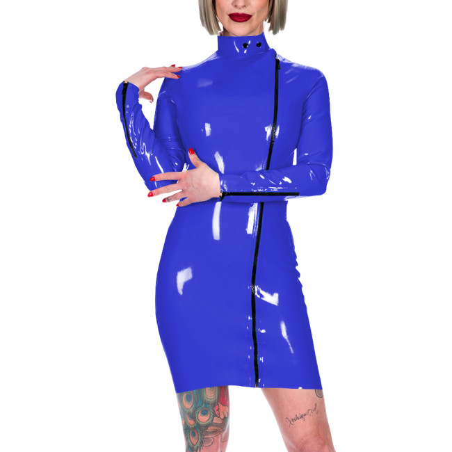 Chic Latex-look Bodycon Mini Dress High Neck Slim Party Club Leather PVC Dress Womens Elegant Front Zipper Skinny Dress Fetish