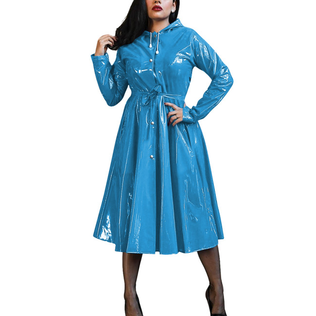 Plus Size Women's Midi Hood Dress Vinyl PVC Leather Long Sleeve Button Up A-Line Maxi Dresses Office Pleated Large-Hem Dresses