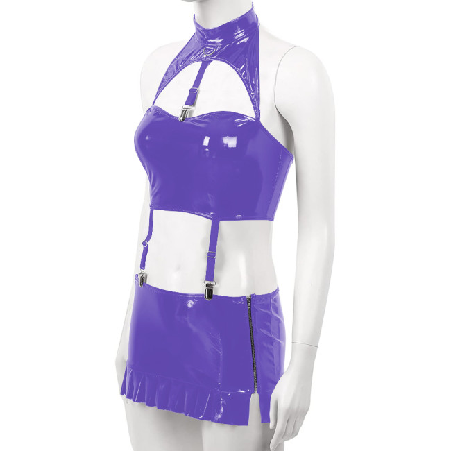 Sexy PVC Leather Dress Sets for Womens Wetlook Halter Neck Bra Crop Top Garter Belt Mini Skirt Rave Party Outfits Exotic Costume