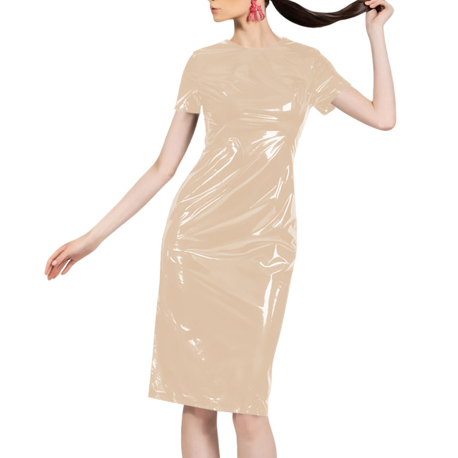 Women Shiny Patent Leather O-neck Dress Glossy PVC Stretch Knee-length Casual Dresses Wetlook Streetwear Going Out Slim Clothing