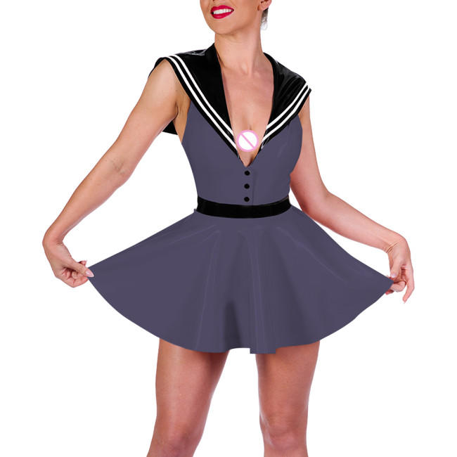 Lady Sailor Collar Sexy Mini Dress Glossy Leather PVC Preppy Style Lolita A-line Dress Womens Party Cosplay Navy Short Dresses
