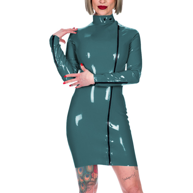 Chic Latex-look Bodycon Mini Dress High Neck Slim Party Club Leather PVC Dress Womens Elegant Front Zipper Skinny Dress Fetish