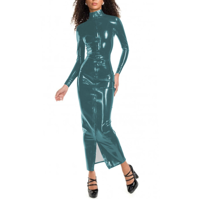 Women Bodycon High Neck Full Zip Long Dress Formal Elegant Skinny Dress Long Sleeve Vinyl PVC Leather Tight Party Club Dresses