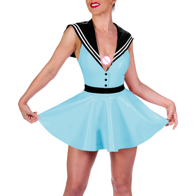 Lady Sailor Collar Sexy Mini Dress Glossy Leather PVC Preppy Style Lolita A-line Dress Womens Party Cosplay Navy Short Dresses