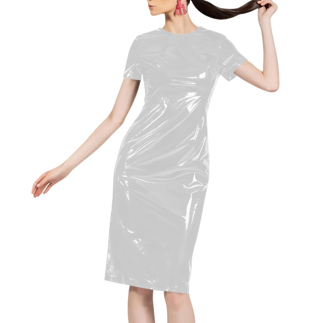 Women Shiny Patent Leather O-neck Dress Glossy PVC Stretch Knee-length Casual Dresses Wetlook Streetwear Going Out Slim Clothing