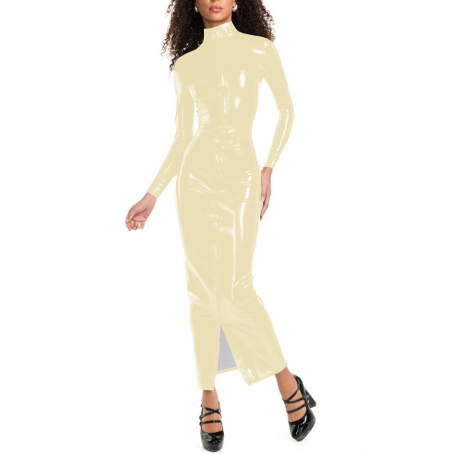 Women Bodycon High Neck Full Zip Long Dress Formal Elegant Skinny Dress Long Sleeve Vinyl PVC Leather Tight Party Club Dresses