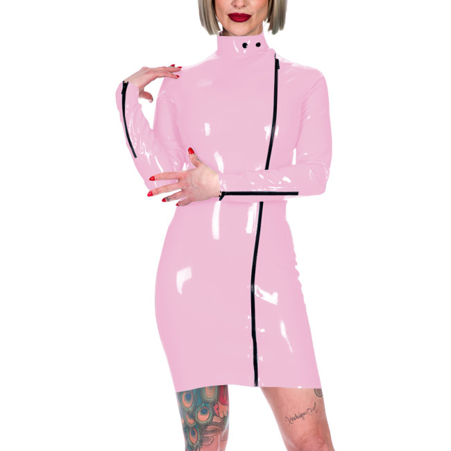 Chic Latex-look Bodycon Mini Dress High Neck Slim Party Club Leather PVC Dress Womens Elegant Front Zipper Skinny Dress Fetish